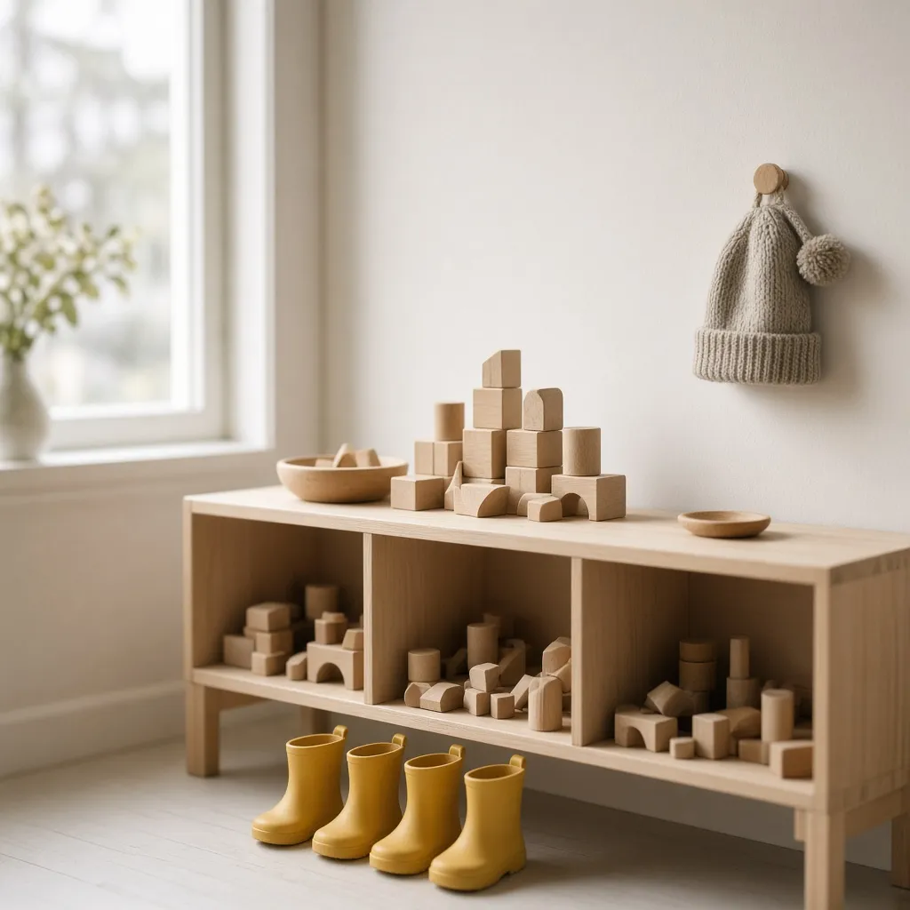 Wooden blocks on a low shelf and yellow wellies in a nursery classroom