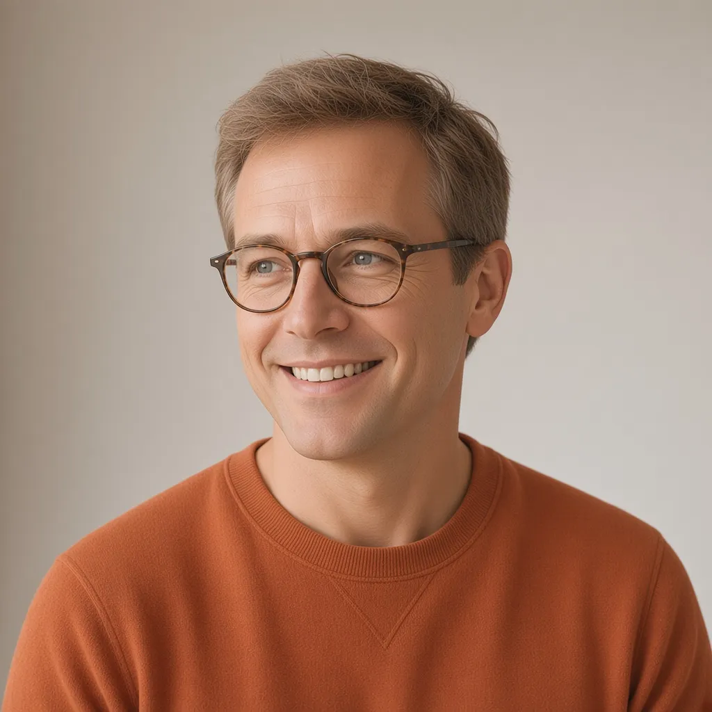 Luca Ferraro, Year 4 teacher, in an orange sweatshirt and glasses