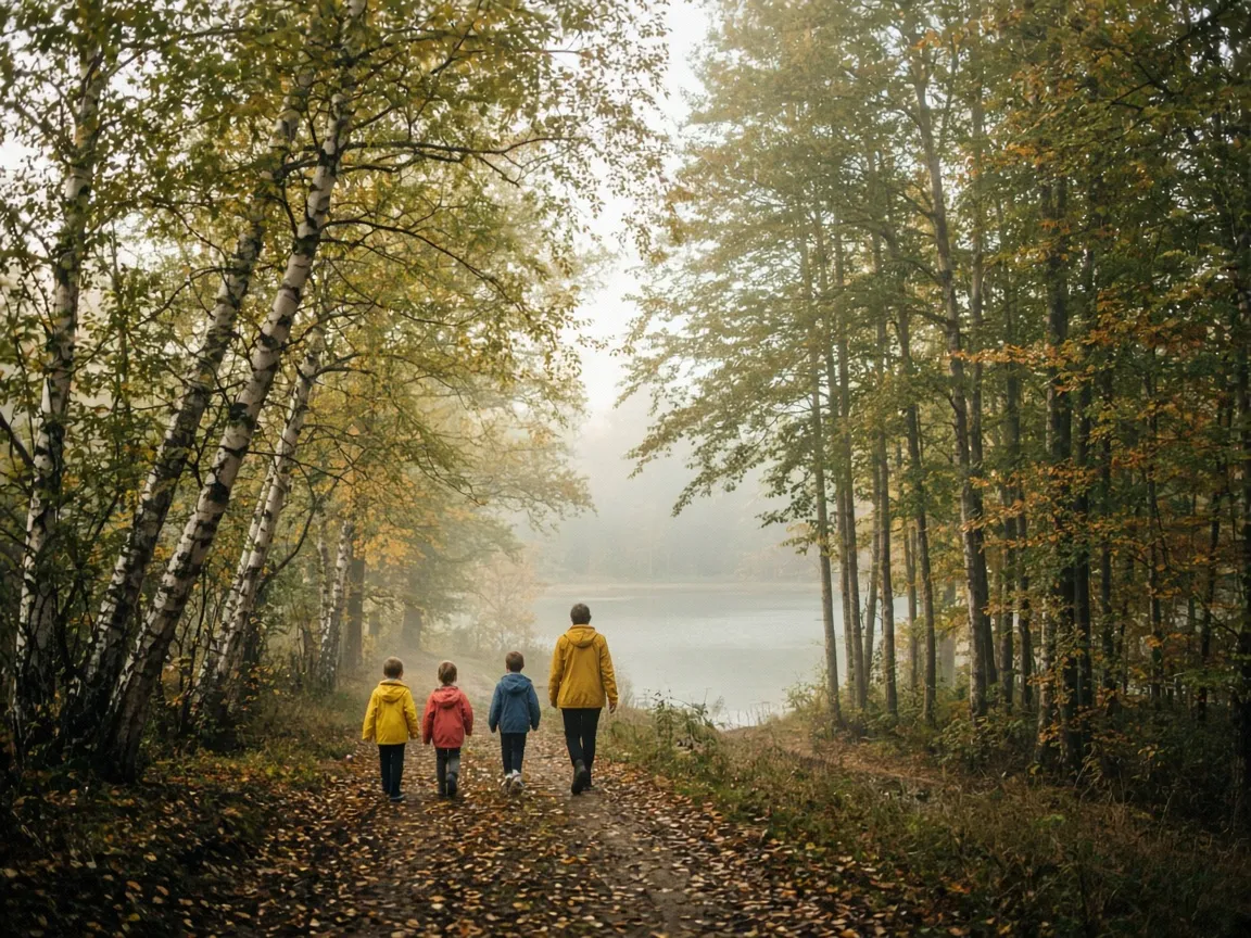A teacher and three children walking through the wood towards the lake
