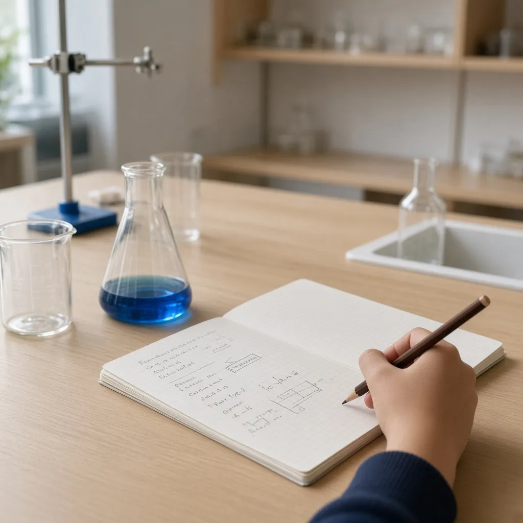 A lab bench with glass beakers and a notebook of equations